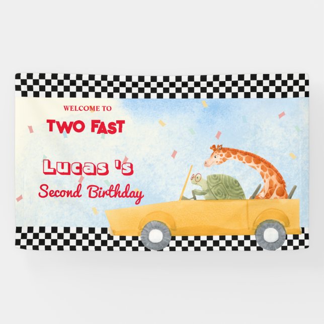 Two Fast turtle Giraffe Race Car 2nd HBD Party Banner (Horizontal)