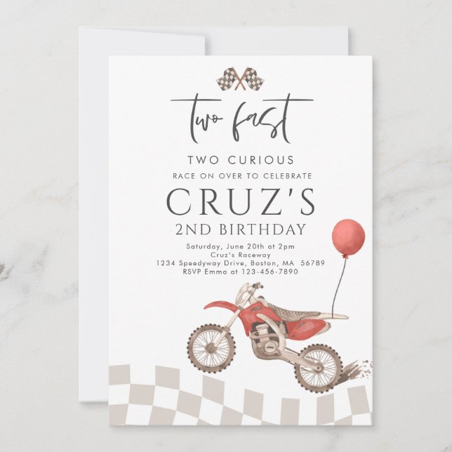 Two Fast Two Curious Dirt Bike 2nd Birthday Party  Invitation (Front)