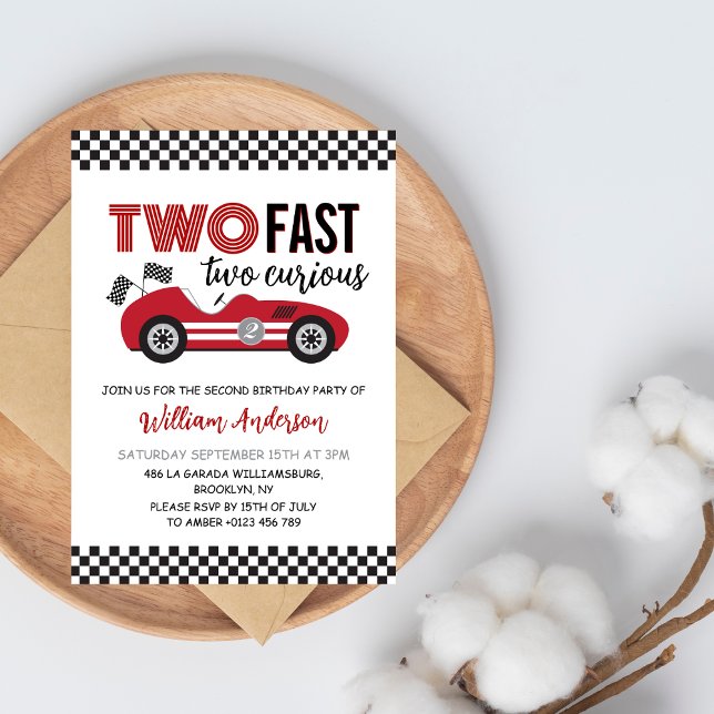 Two Fast Two Curious Red Race Car Birthday Invitation (Creator Uploaded)
