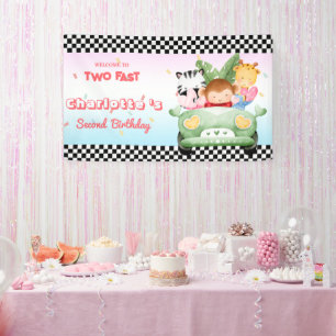 Two Fast wild animal jungle Race Car 2nd HBD Party Banner