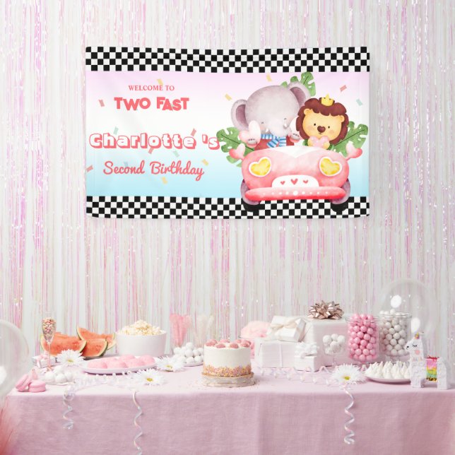Two Fast wild animal jungle Race Car 2nd HBD Party Banner (Party)
