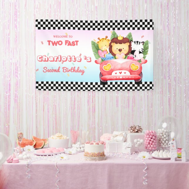Two Fast wild animal jungle Race Car 2nd HBD Party Banner (Party)
