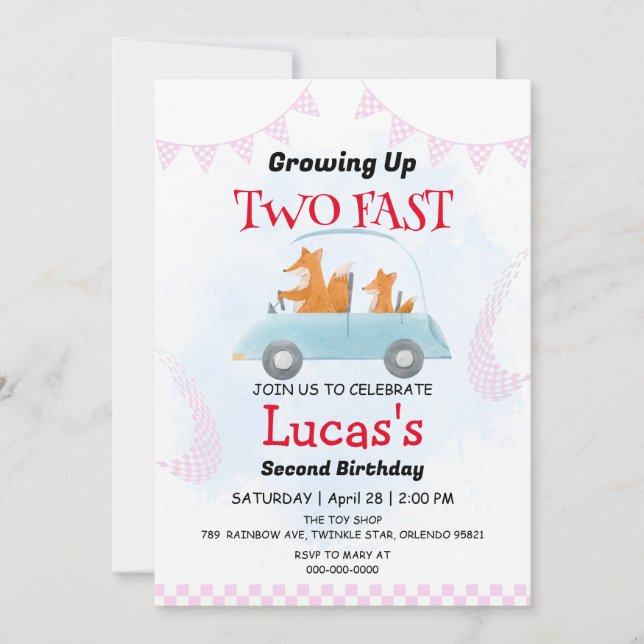 Two Fast wild jungle Race Car 2nd Birthday Party  Invitation (Front)