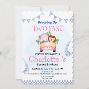 Two Fast wild jungle Race Car 2nd Birthday Party  Invitation