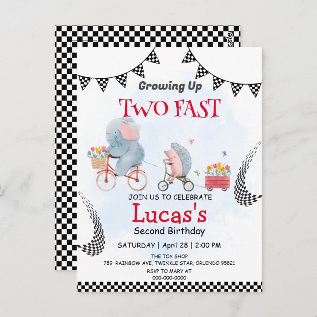 Two Fast wild porcupine bicycle 2nd Birthday Party Postcard (Front/Back)