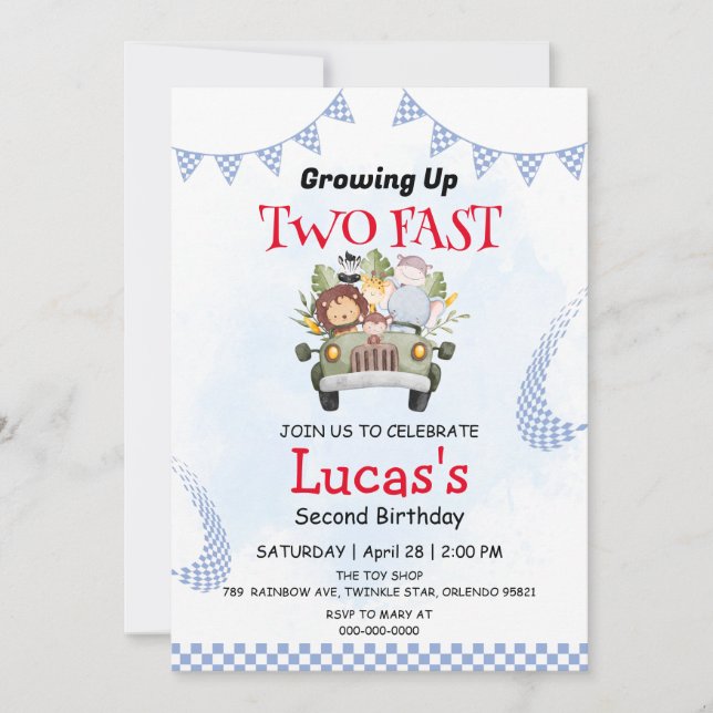 Two Fast wild Safari Race Bus 2nd Birthday Party  Invitation (Front)