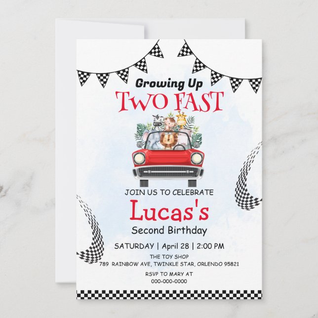 Two Fast wild Safari Race Car 2nd Birthday Party  Invitation (Front)