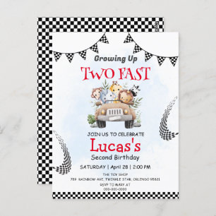 Two Fast wild Safari race car 2nd Birthday Party Postcard
