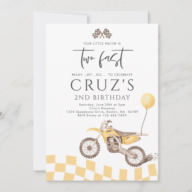 Two Fast Yellow Dirt Bike Boy 2nd Birthday Party  Invitation (Front)