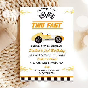 Two Fast Yellow Race Car Boy 2nd Birthday Party Invitation