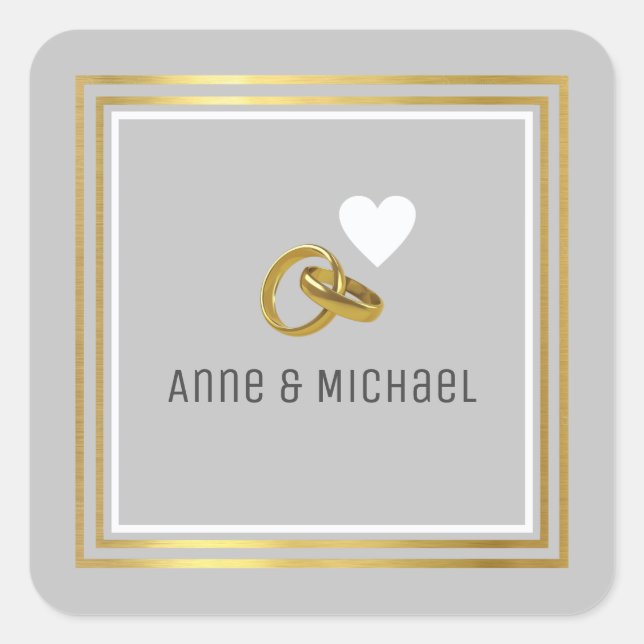 two faux gold rings with a heart & names . wedding square sticker (Front)