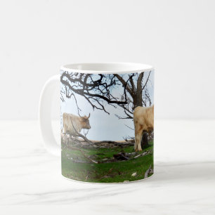 Two Fawn Highland Cows in Peaceful Country Lands, Coffee Mug