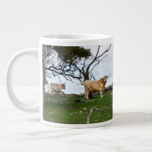 Two Fawn Highland Cows in Peaceful Country Lands, Large Coffee Mug