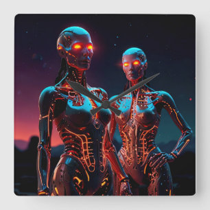 Two Female Cyborgs with Glowing EyES Square Wall Clock