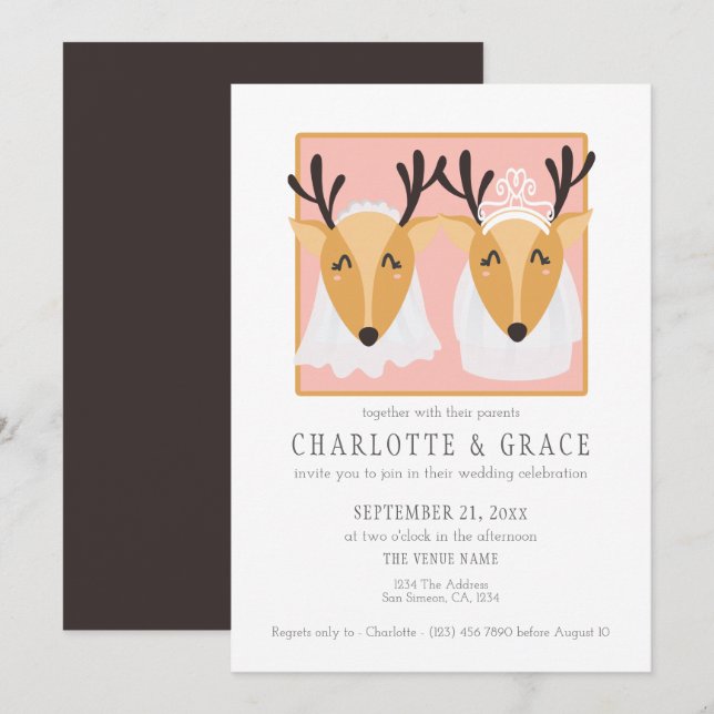 Two Female Deer Brides Gay Lesbian Wedding Invitation (Front/Back)