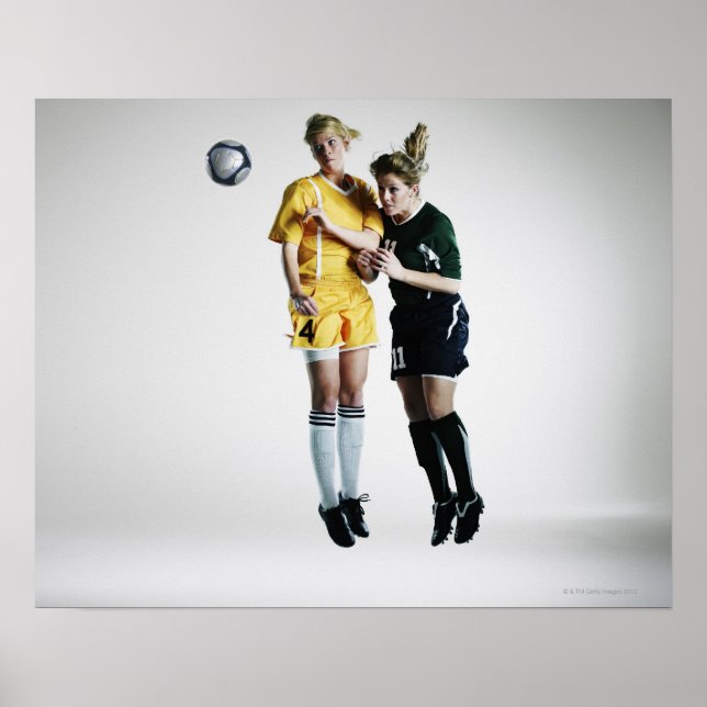 Two female soccer players in mid air heading poster (Front)