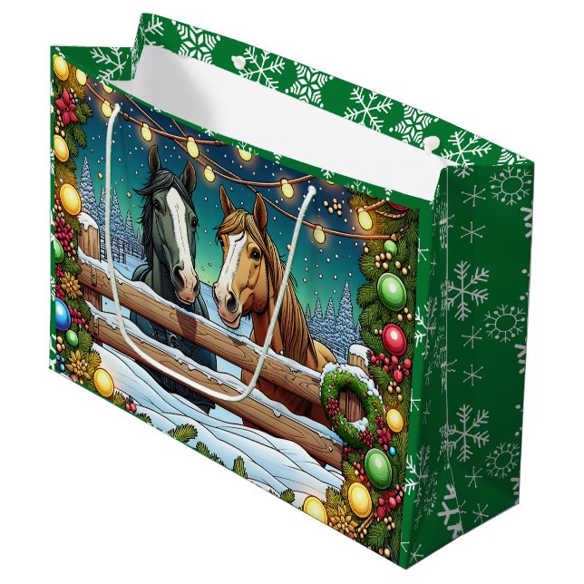 Two Festive Cartoon Horses in Comic Book Style Large Gift Bag (Front Angled)