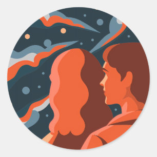 Two Figures Contemplating an Abstract Cosmic Scene Classic Round Sticker