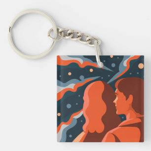 Two Figures Contemplating an Abstract Cosmic Scene Key Ring