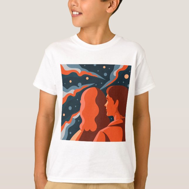 Two Figures Contemplating an Abstract Cosmic Scene T-Shirt (Front)