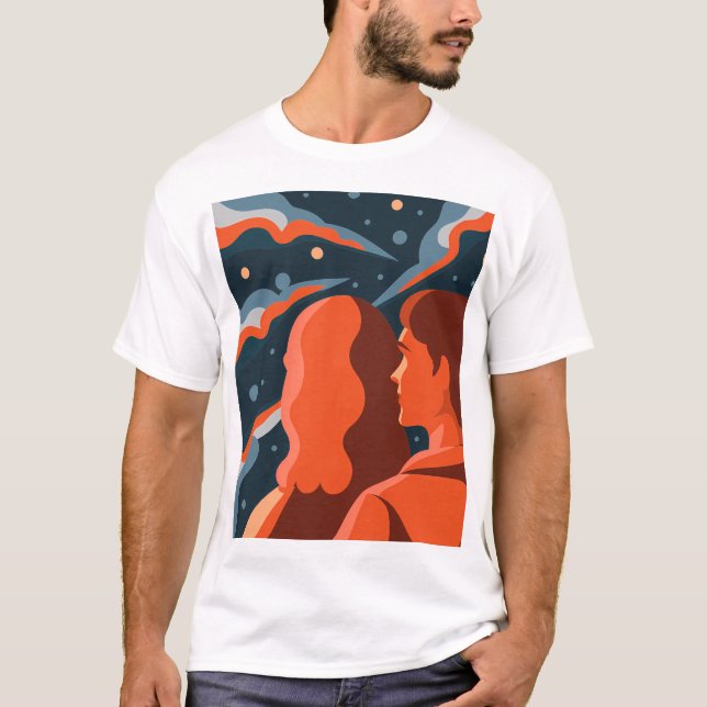 Two Figures Contemplating an Abstract Cosmic Scene T-Shirt (Front)