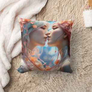 Two Figures Kissing Surrounded by Blossoms Cushion