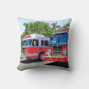 Two Fire Engines in Front of Firehouse Cushion