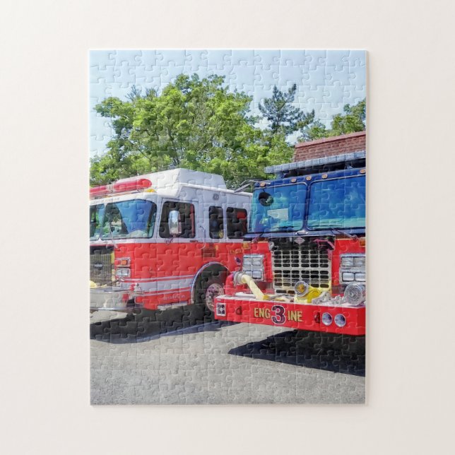 Two Fire Engines in Front of Firehouse Jigsaw Puzzle (Vertical)