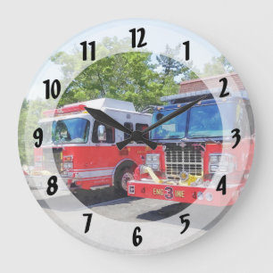Two Fire Engines in Front of Firehouse Large Clock