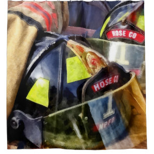 Two Fire Helmets And Fireman's Jacket Shower Curtain