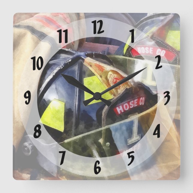 Two Fire Helmets And Fireman's Jacket Square Wall Clock (Front)