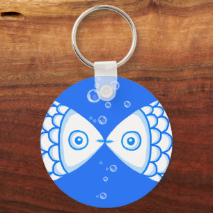Two Fish Pisces Blue White Abstract Pattern Key Ring