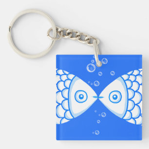 Two Fish Pisces Blue White Abstract Pattern Key Ring