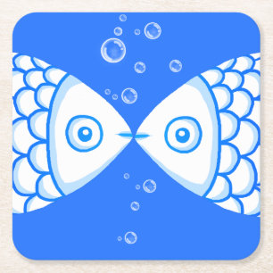Two Fish Pisces Blue White Abstract Pattern Square Paper Coaster
