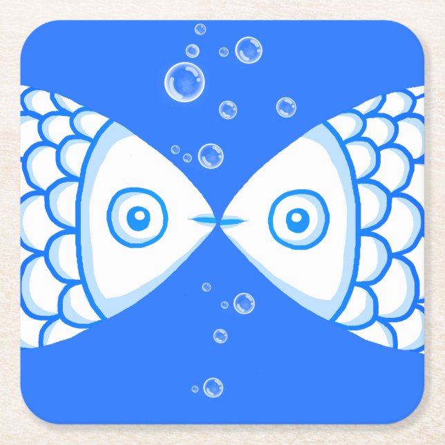 Two Fish Pisces Blue White Abstract Pattern Square Paper Coaster (Front)