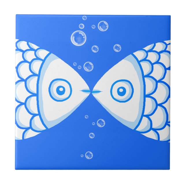 Two Fish Pisces Blue White Abstract Pattern Tile (Front)