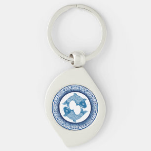 Two Fish Pisces Koi Carp Chinoiserie Blue Pattern Key Ring
