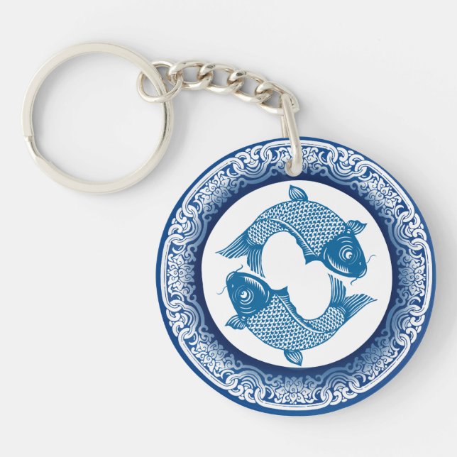Two Fish Pisces Koi Carp Chinoiserie Blue Pattern Key Ring (Front)