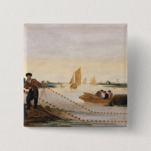 Two Fishermen Pulling in their Nets 15 Cm Square Badge