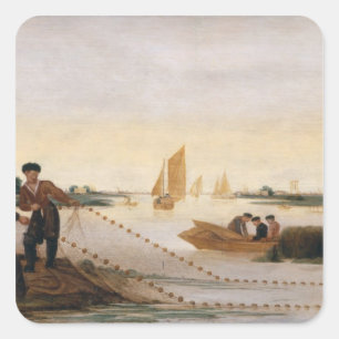 Two Fishermen Pulling in their Nets Square Sticker