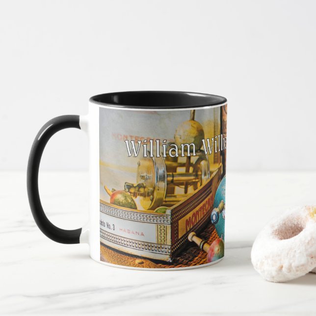 Two Fishing Reels in Vintage Setting - Personalise Mug (With Donut)