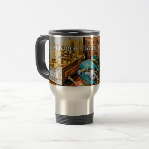Two Fishing Reels in Vintage Setting - Personalise Travel Mug