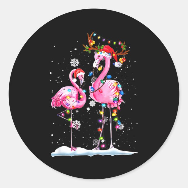 Two Flamingo With Santa Hat And Lights Merry Chris Classic Round Sticker (Front)