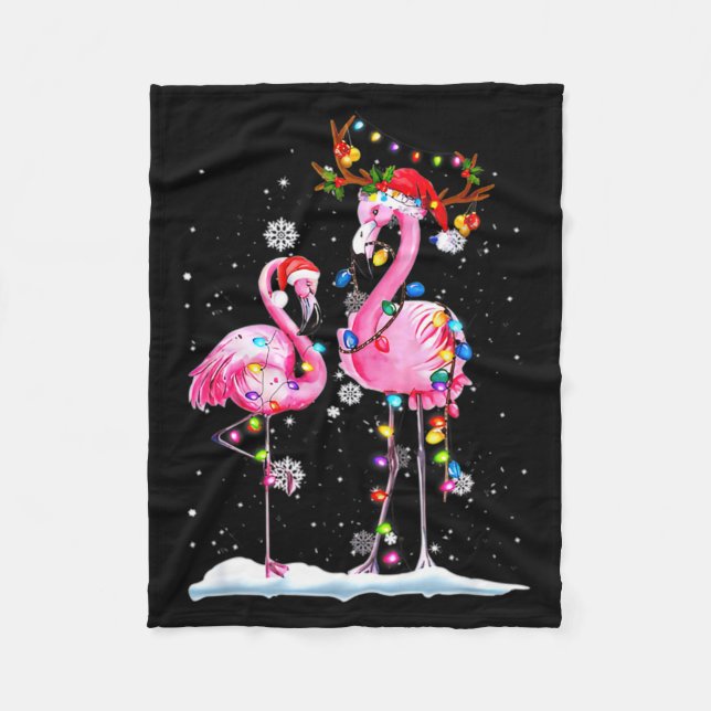 Two Flamingo With Santa Hat And Lights Merry Chris Fleece Blanket (Front)