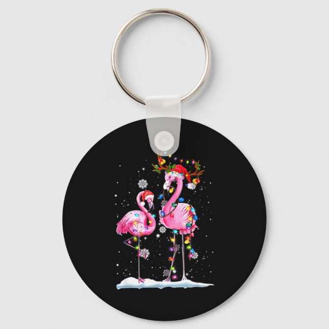 Two Flamingo With Santa Hat And Lights Merry Chris Key Ring (Front)
