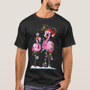 Two Flamingo With Santa Hat And Lights Merry Chris T-Shirt
