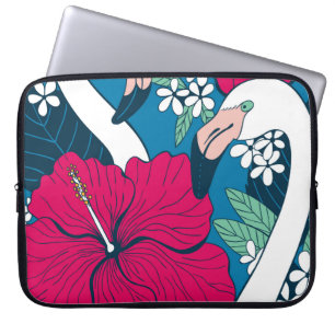Two flamingos among hibiscus and plumeria flowers laptop sleeve