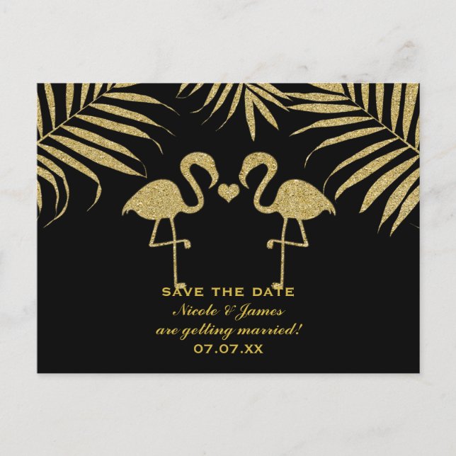 Two Flamingos Love Black & Gold Save The Date Card (Front)