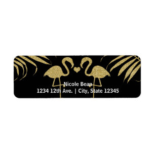 Two Flamingos Love Black & Gold Wedding Labels