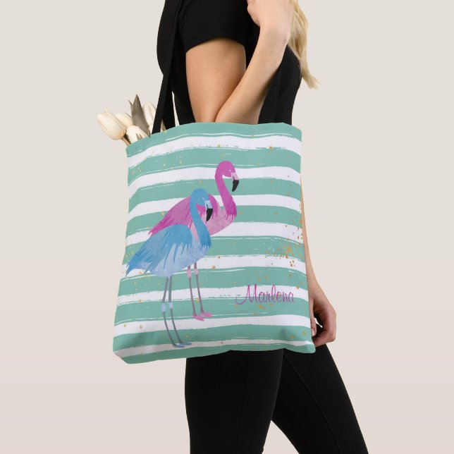 Two Flamingos Monogram Teal Stripe Tote Bag (Close Up)